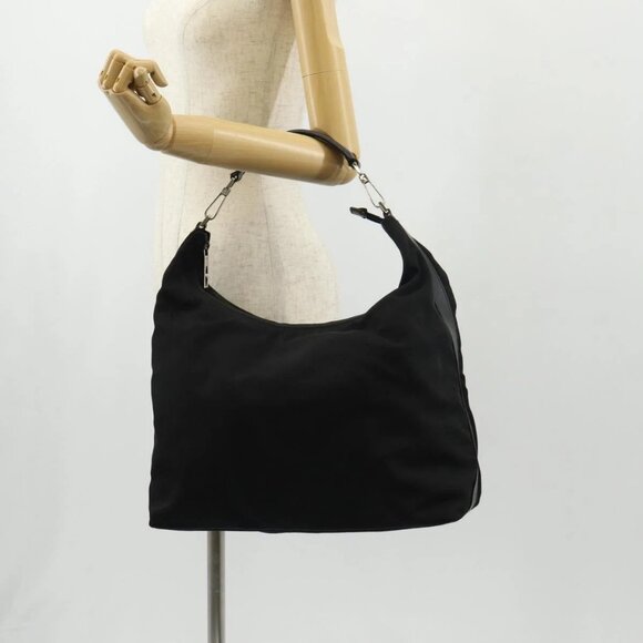 GUCCI Shoulder Bag Nylon Leather Black Silver